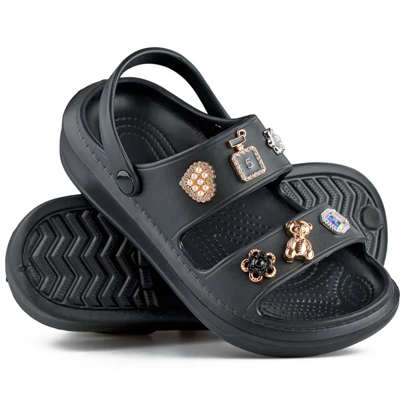 Rubber lightweight black women's flip-flop sandals with decorative elements