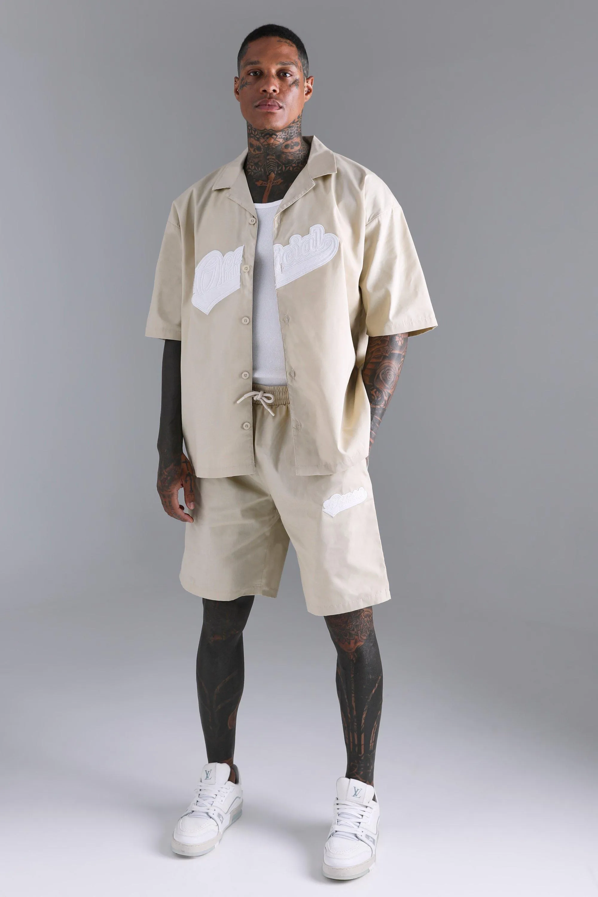 Short Sleeve Oversized Revere Official Shirt & Short Set | boohooMAN UK