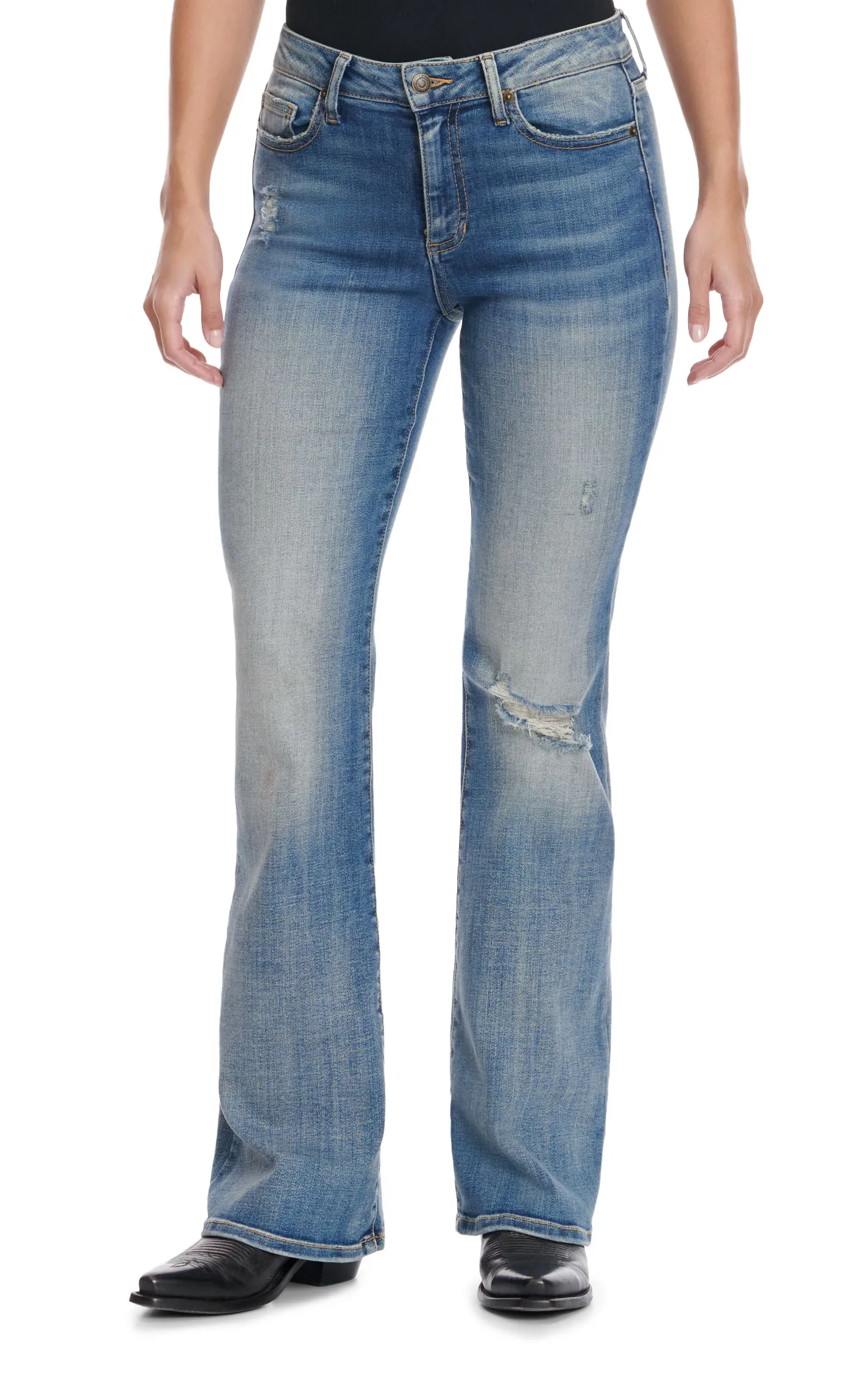 Sneak Peek Women's Light Wash Distressed Mid Rise Slim Boot Cut Jeans