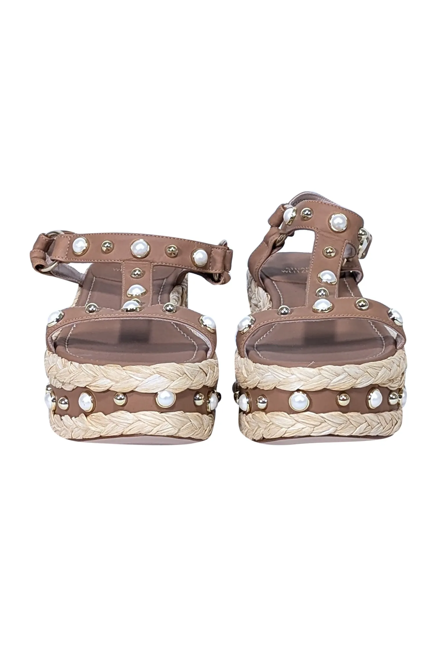 Stuart Weitzman - Tan & Beige  Trim Beraffia Pearly Vachetta Platform Sandals Sz 9