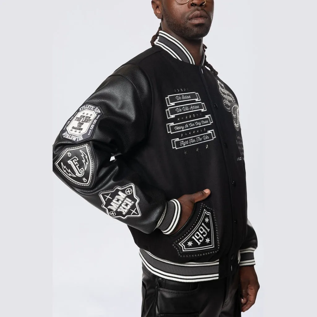 Studded Patched Varsity Jacket - Black