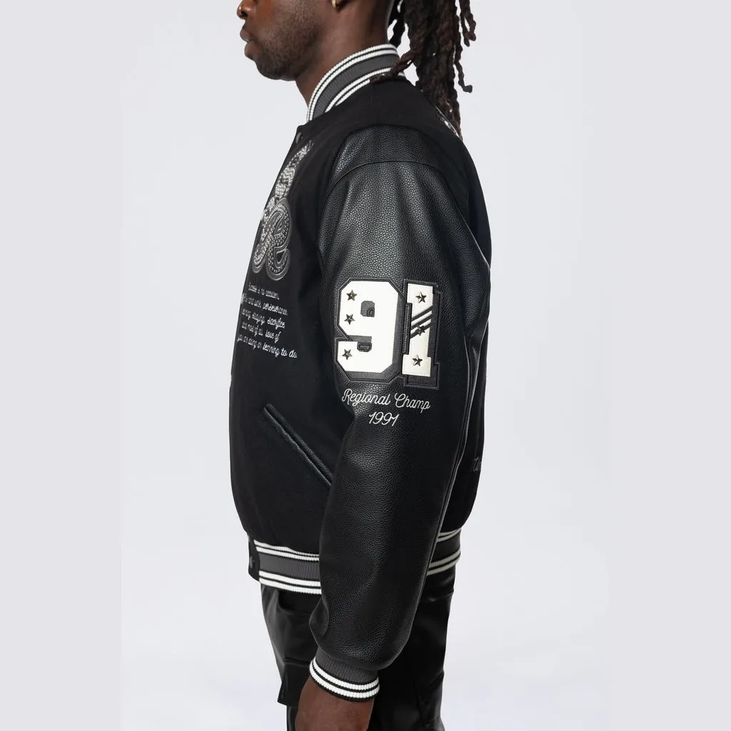 Studded Patched Varsity Jacket - Black