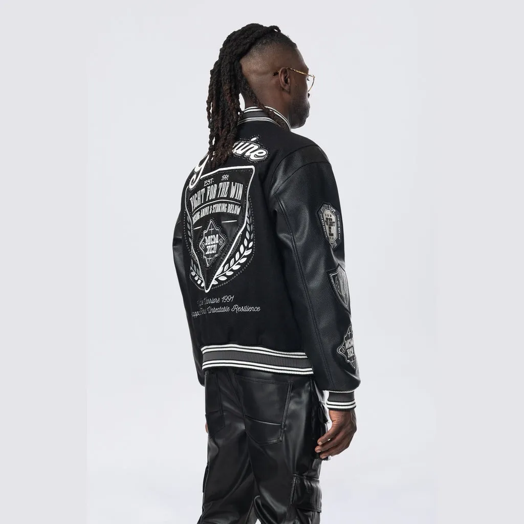 Studded Patched Varsity Jacket - Black