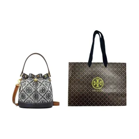     Tory Burch   Monogram All Over Print Adjustable Shoulder Strap Drawstring Design Closure Jacquard Leather Tote