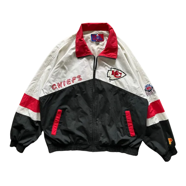 WESTSIDE STOREY VINTAGE | VINTAGE 90S KC CHIEFS EMBROIDERED SPELLOUT PROPLAYER WINDBREAKER JACKET - BLACK/WHITE