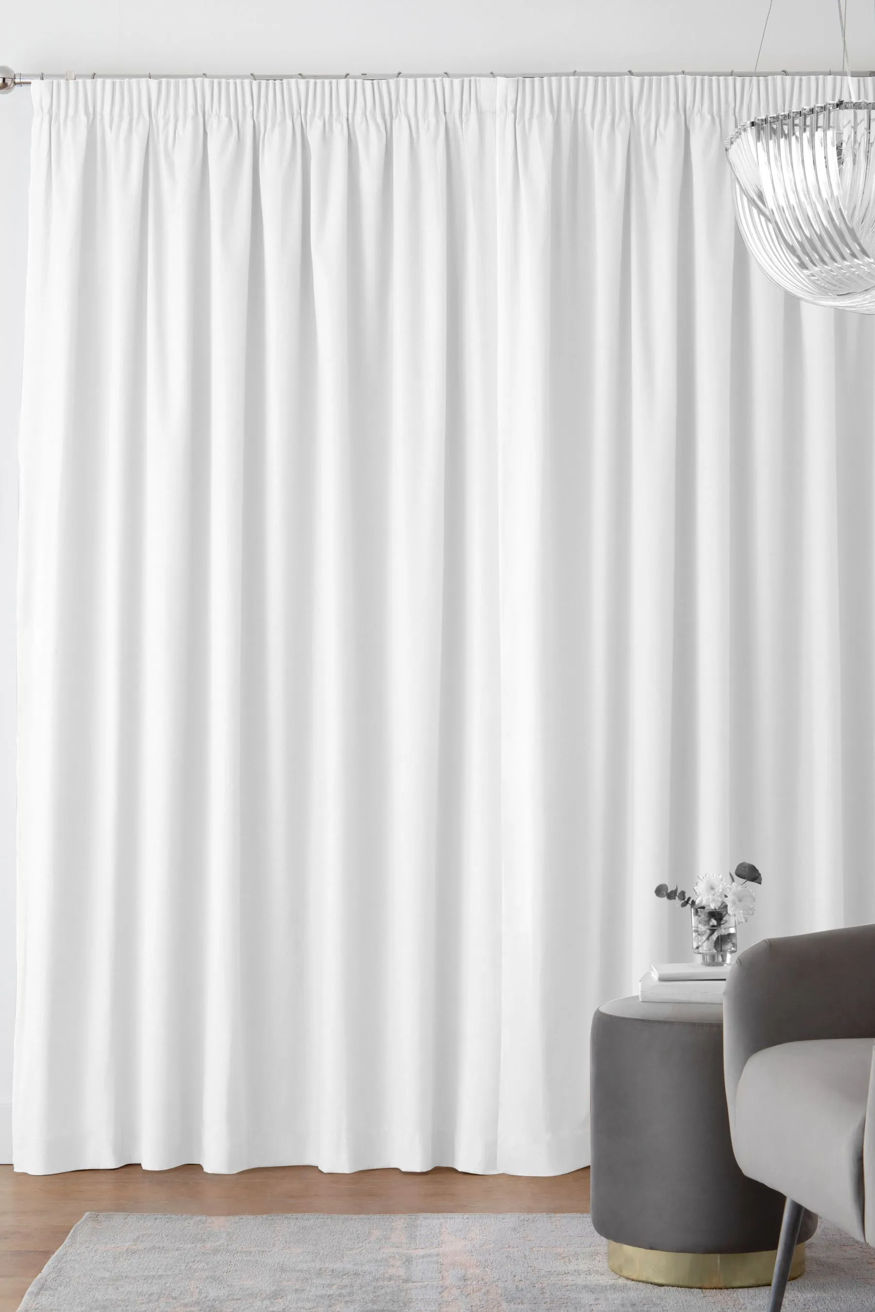 White Cotton Blackout/Thermal Pencil Pleat Curtains