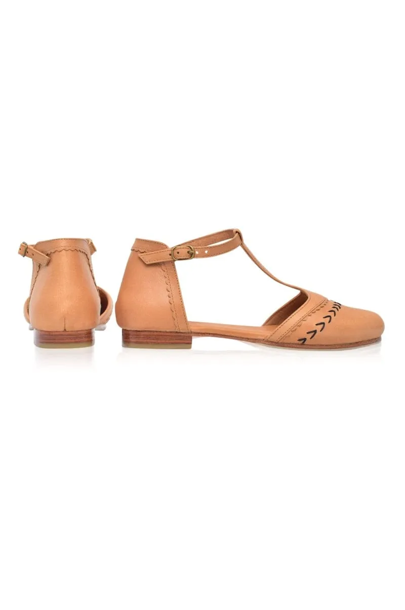 Wonderland T-strap Leather Flats in Light Tan