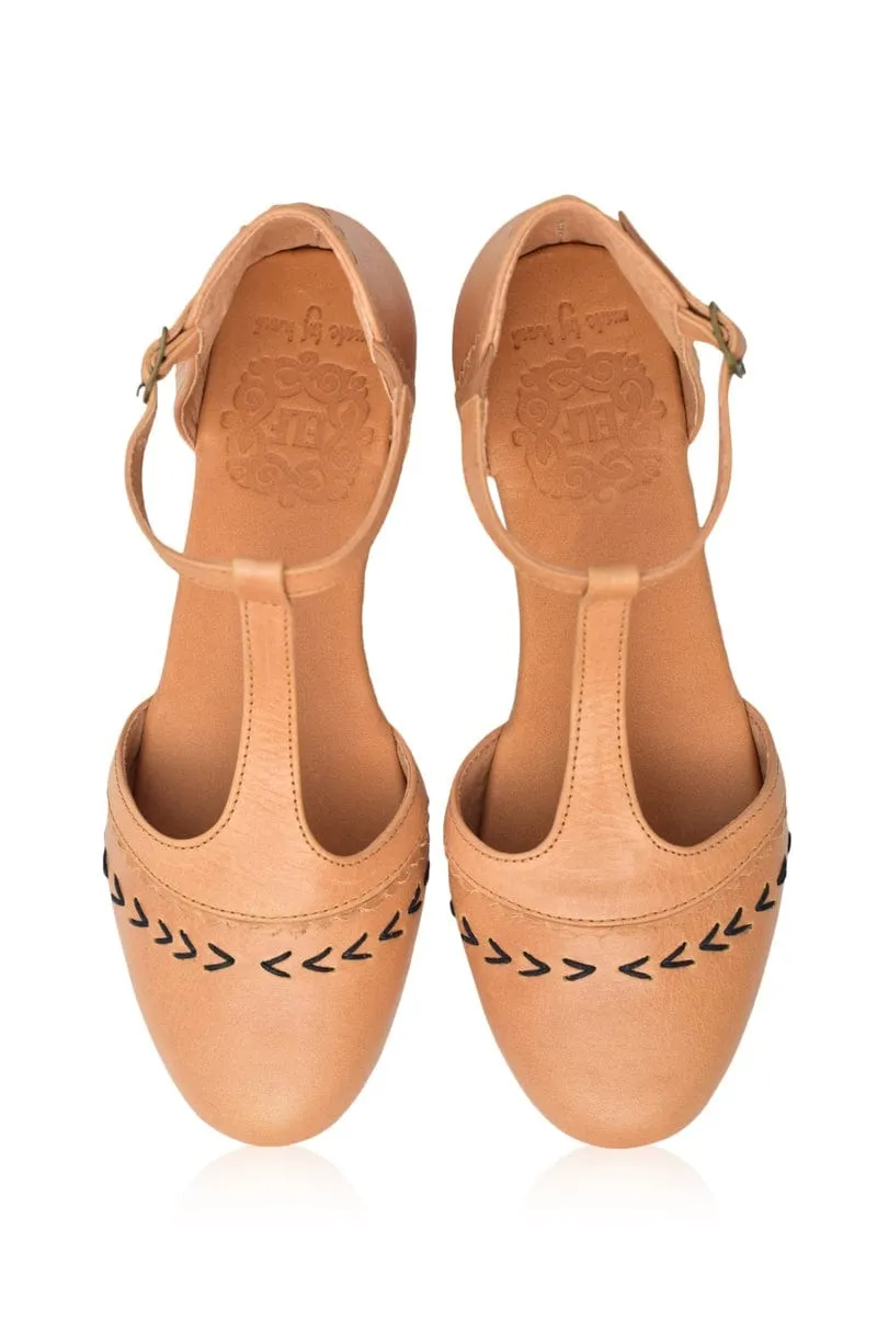 Wonderland T-strap Leather Flats in Light Tan