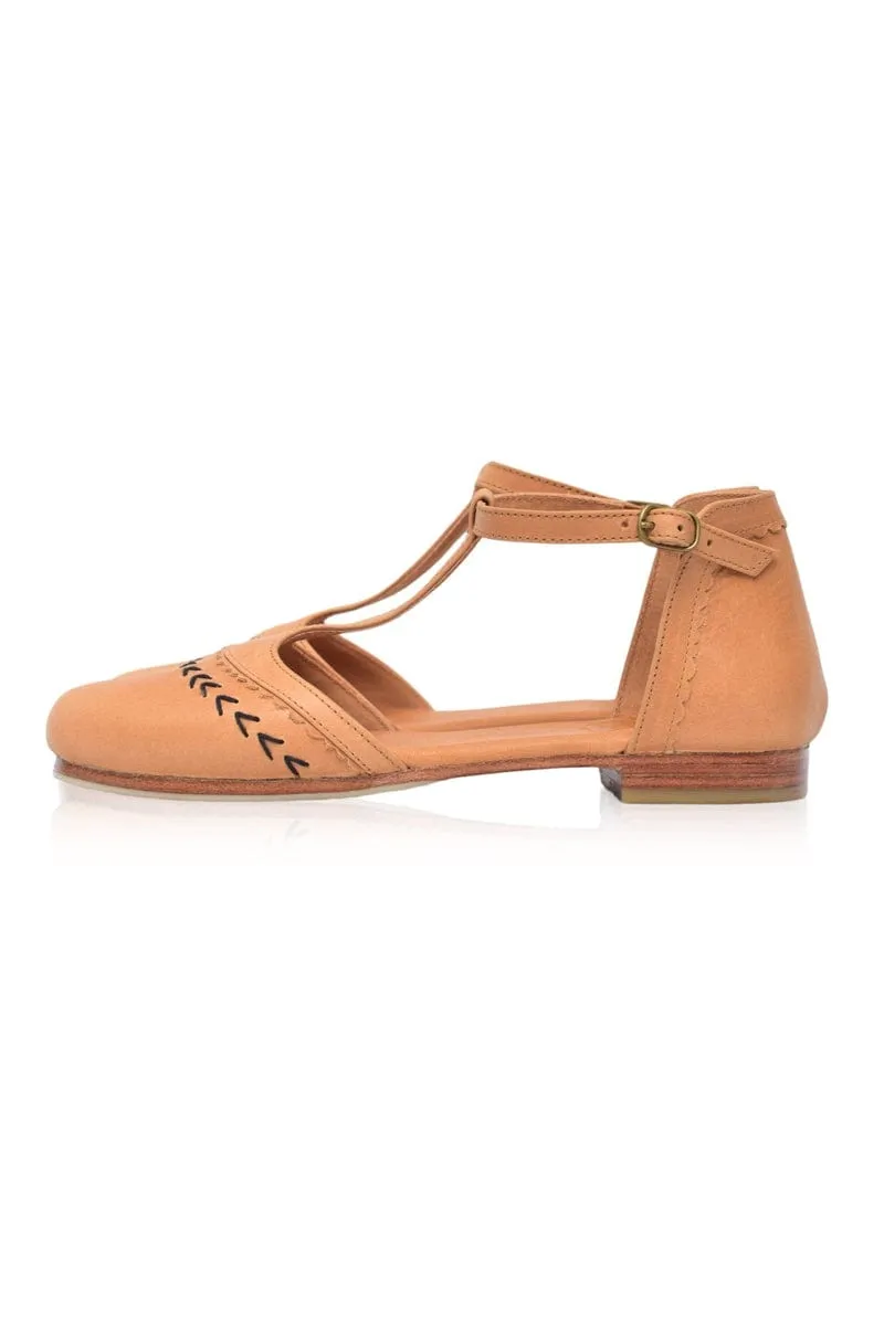 Wonderland T-strap Leather Flats in Light Tan