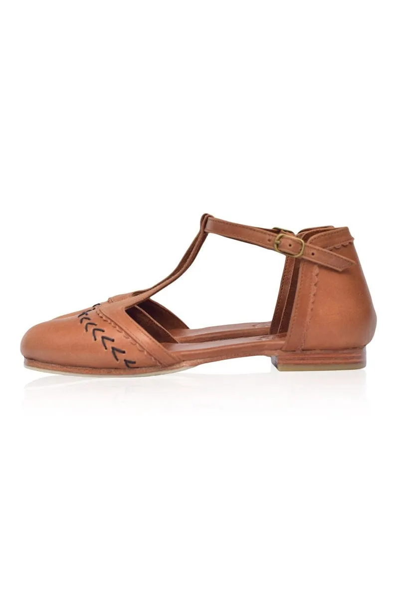 Wonderland T-strap Leather Flats in Light Tan